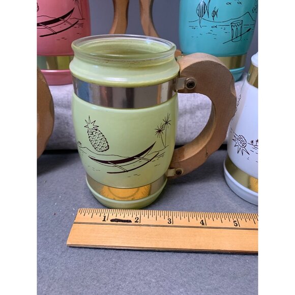 Vintage Siesta Ware Frosted Tiki Mugs With Wood & Brass Handles - 5 Rainbow Colo - Picture 9 of 13